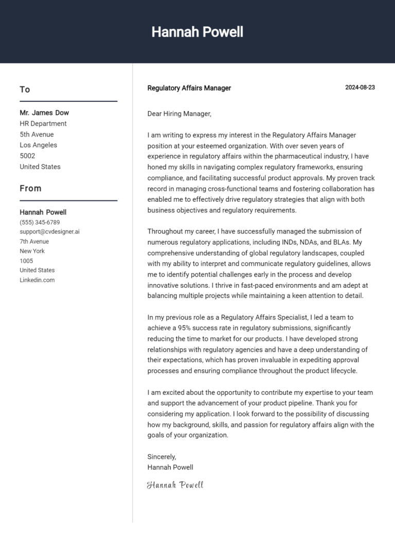 Regulatory Affairs Manager Cover Letter Examples & Samples for 2025