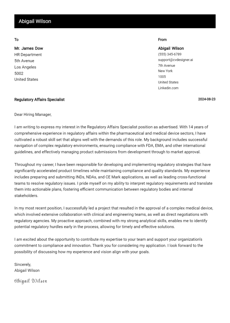 Regulatory Affairs Specialist Cover Letter Example for 2025: Top CV Skills