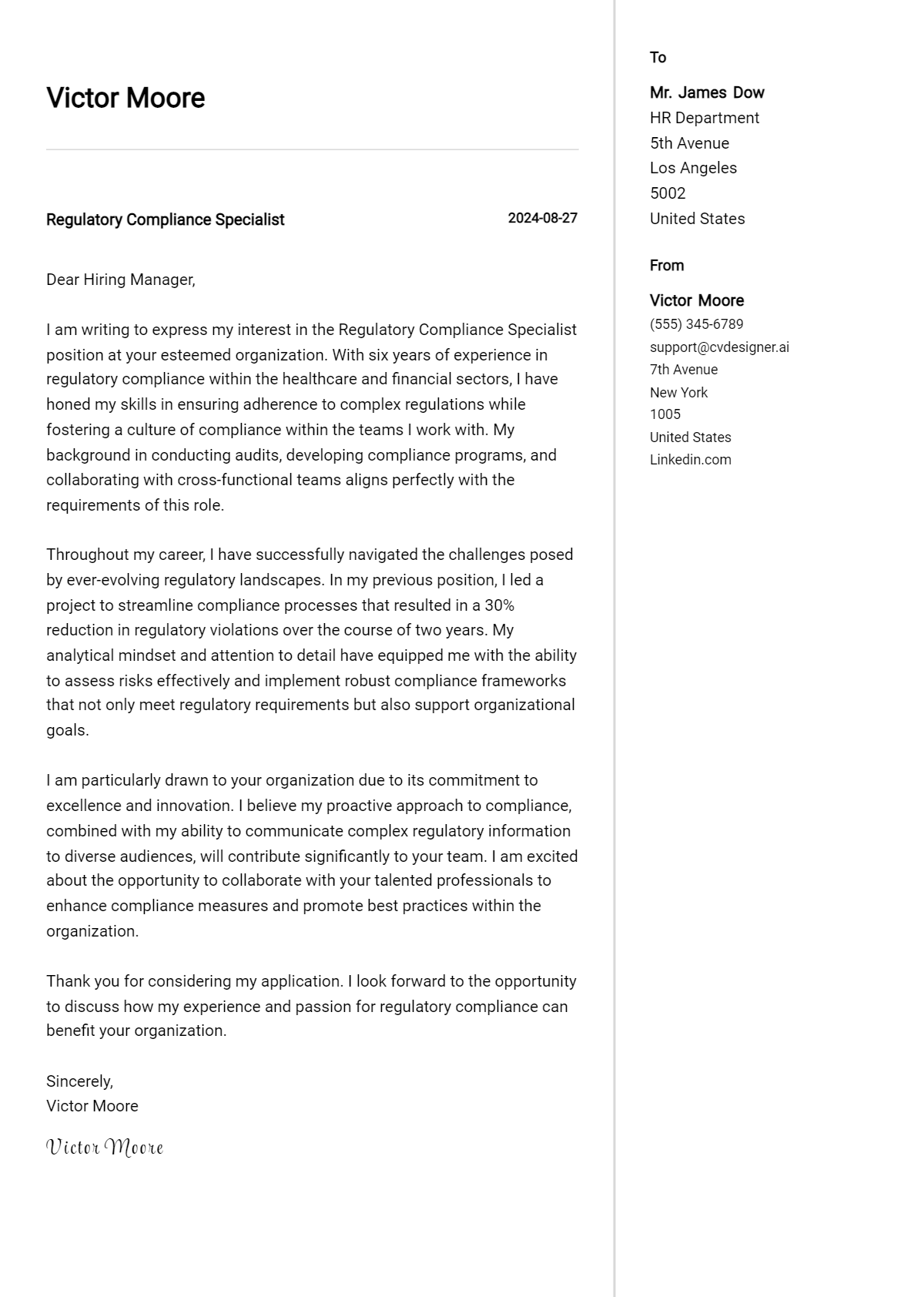 regulatory compliance specialist cover letter example