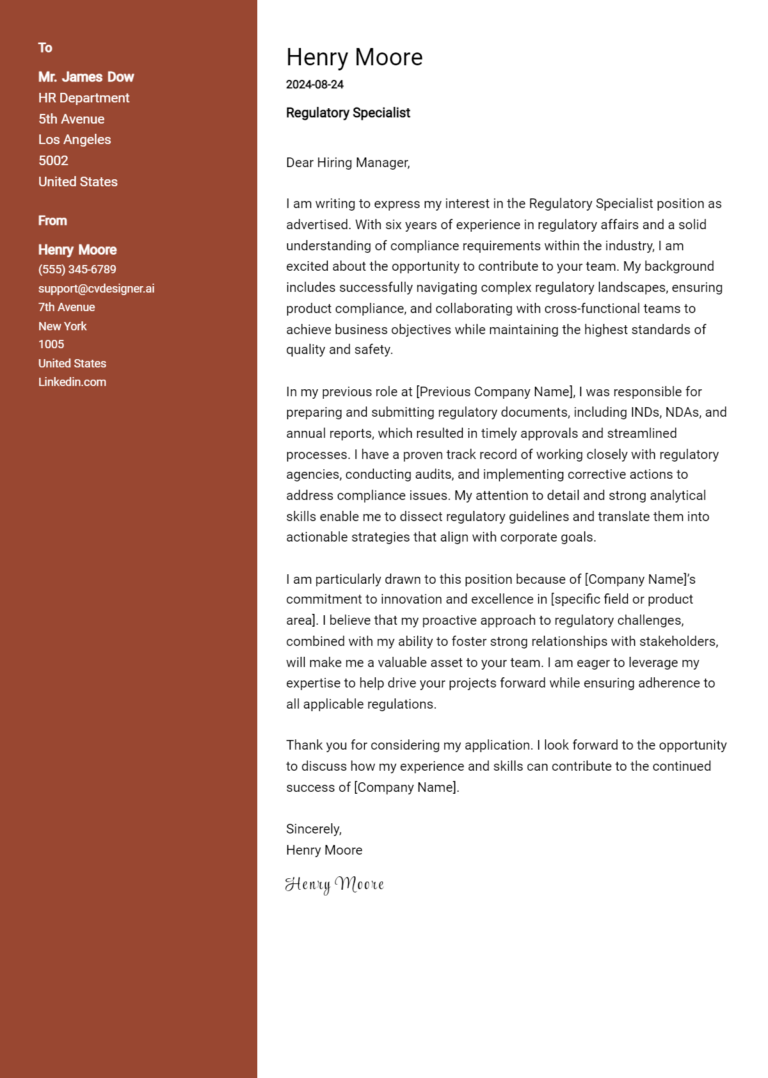 Regulatory Specialist Cover Letter Example for 2025: Free Templates
