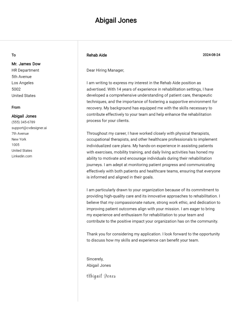 Rehab Aide Cover Letter Example for 2025: Tips & Templates