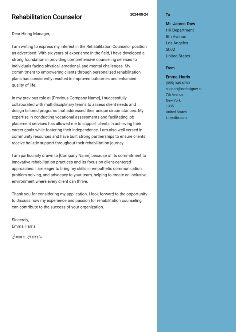 Rehabilitation Counselor Cover Letter Example for 2025: Tips & Templates