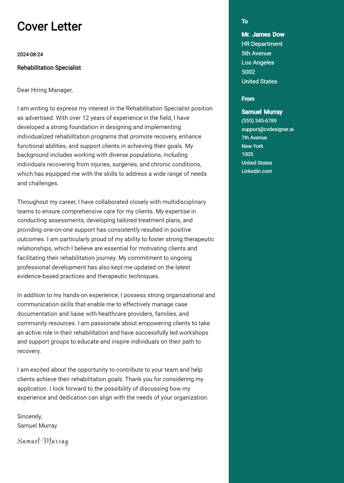 rehabilitation specialist cover letter example