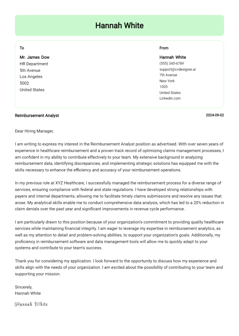 9 Reimbursement Analyst Cover Letter Example for 2025: Free Templates