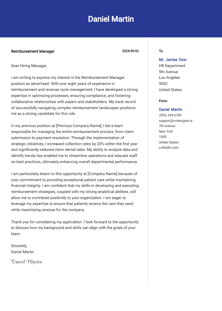 reimbursement manager cover letter example