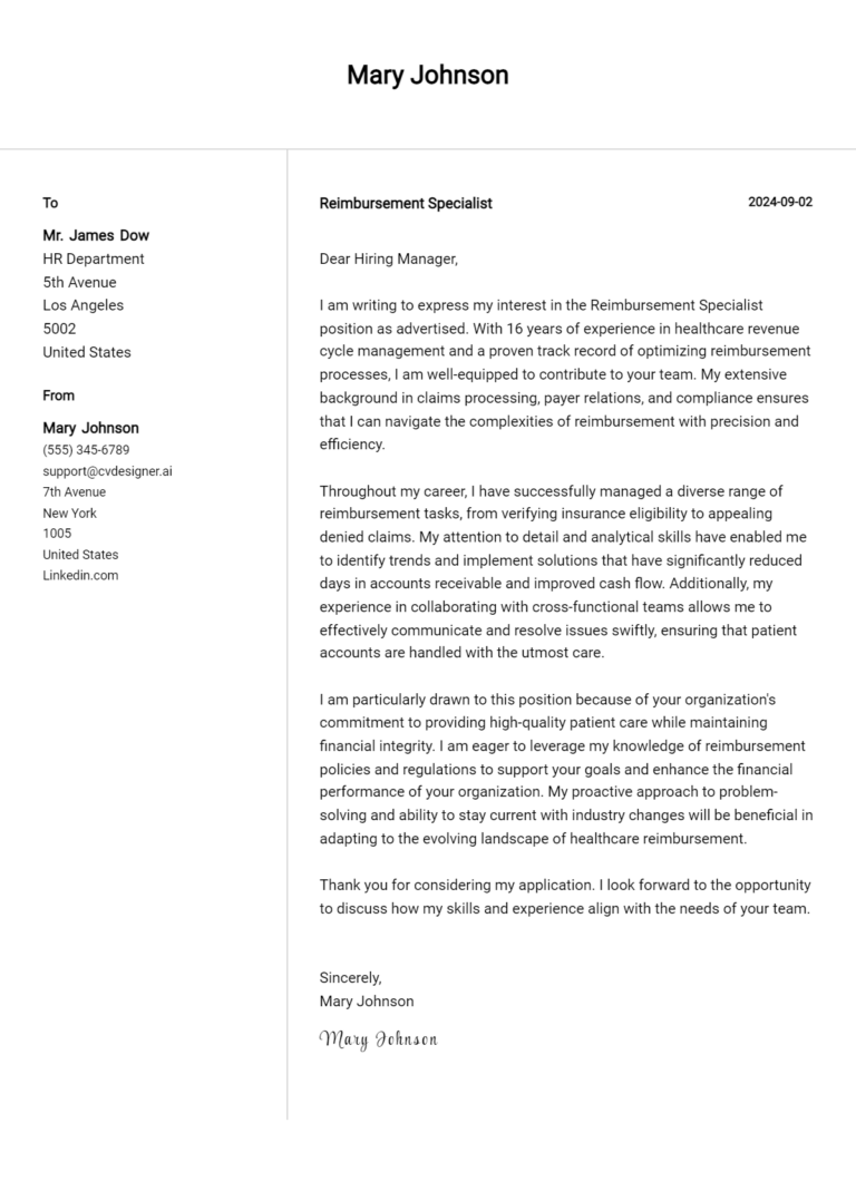 Reimbursement Specialist Cover Letter Example for 2025: Free Templates