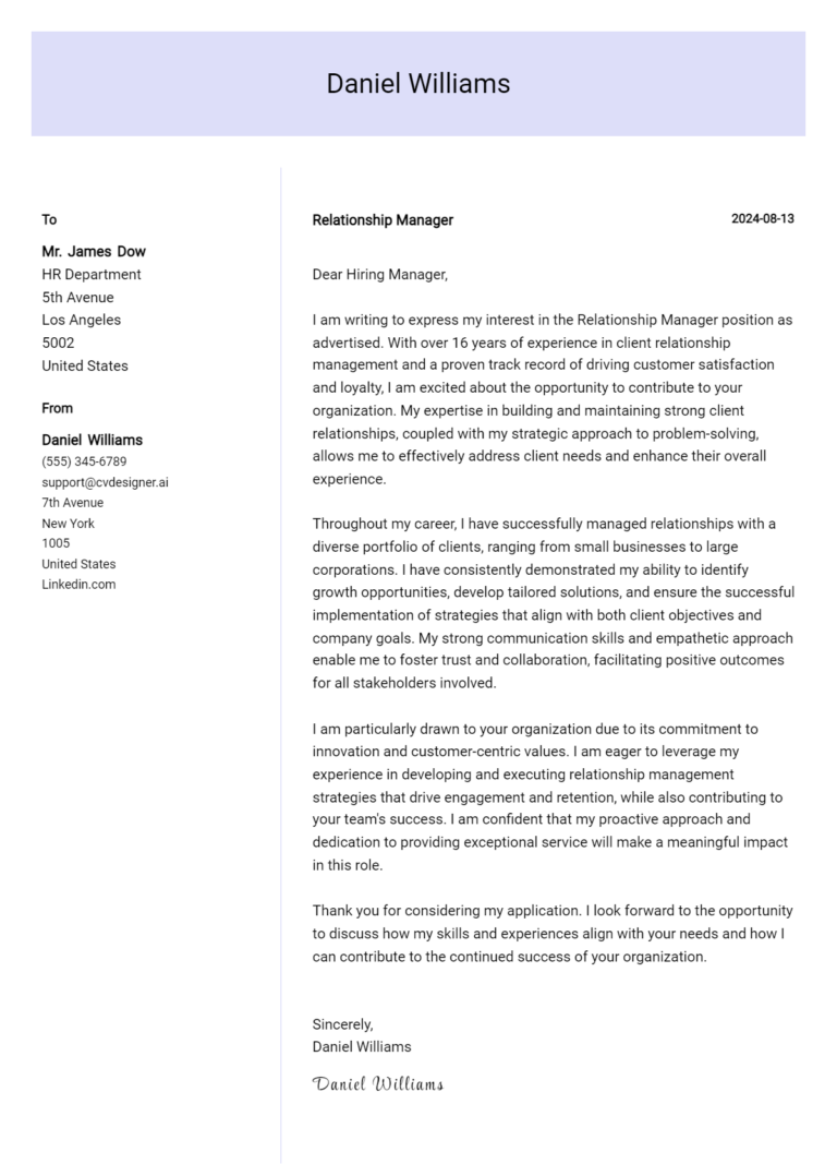 Relationship Manager Cover Letter Example for 2025 (Writing Guide)