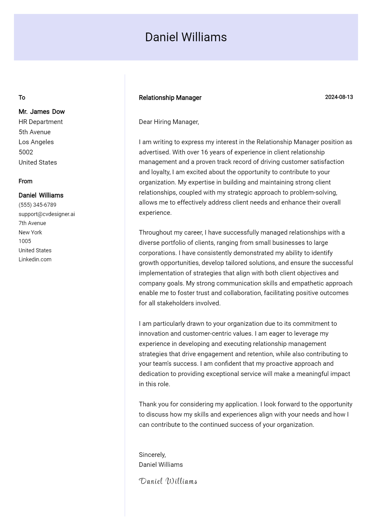 relationship manager cover letter example