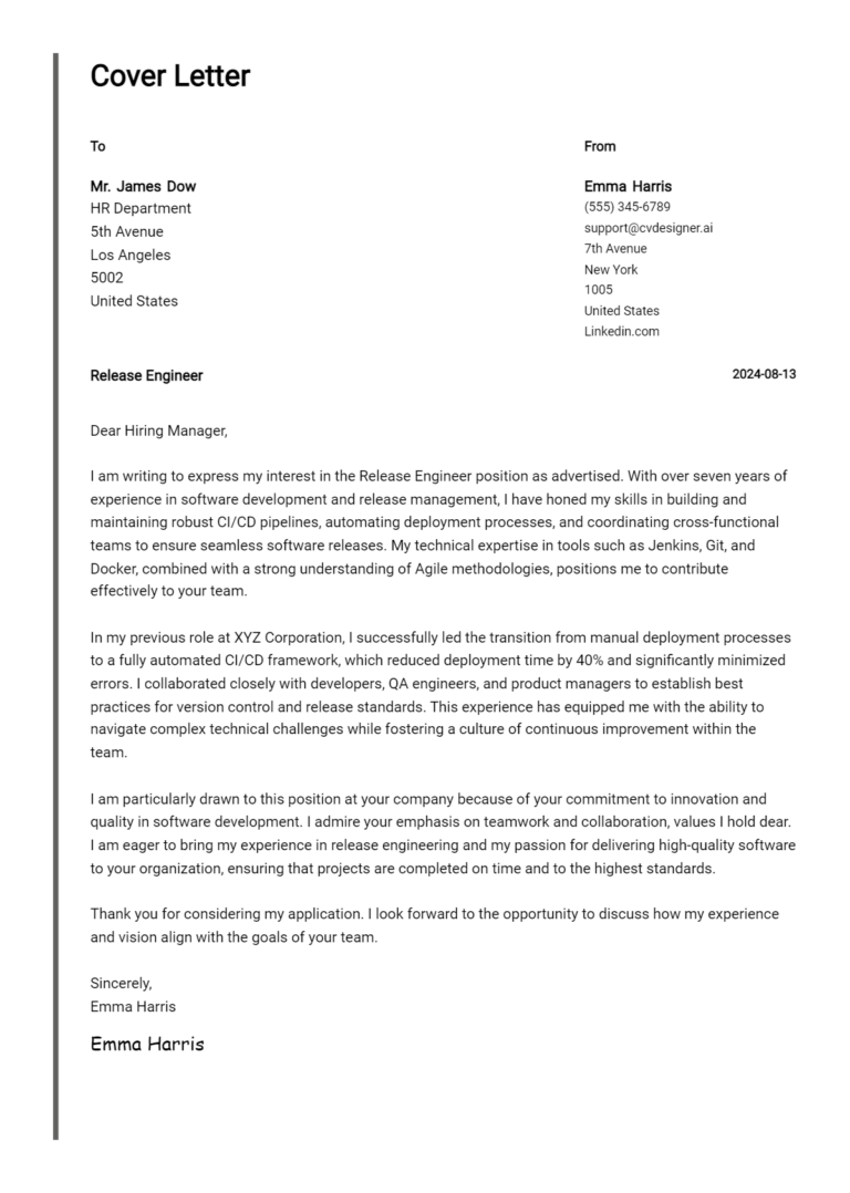 Release Engineer Cover Letter Example for 2025: Expert Tips & Templates