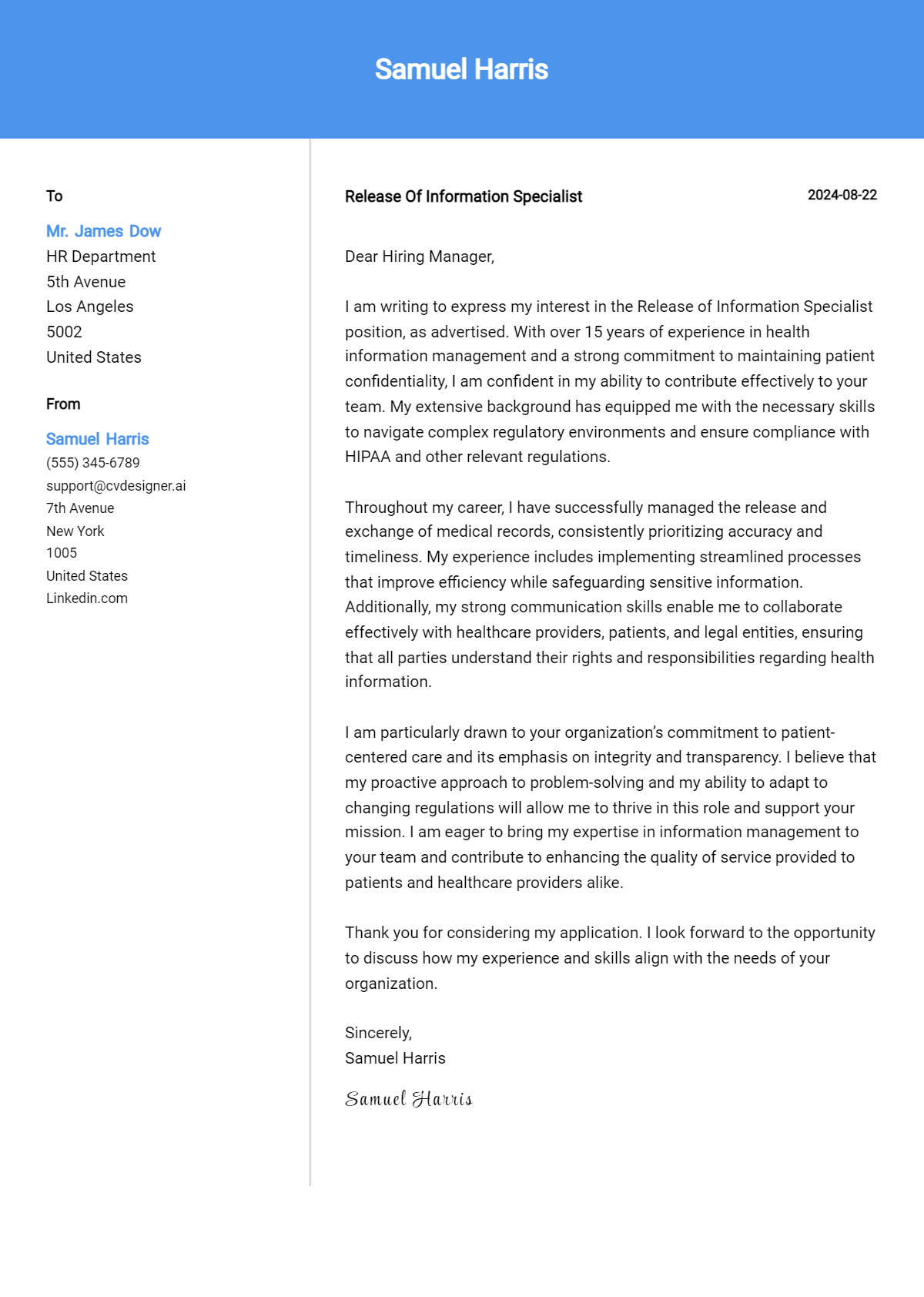 release of information specialist cover letter example
