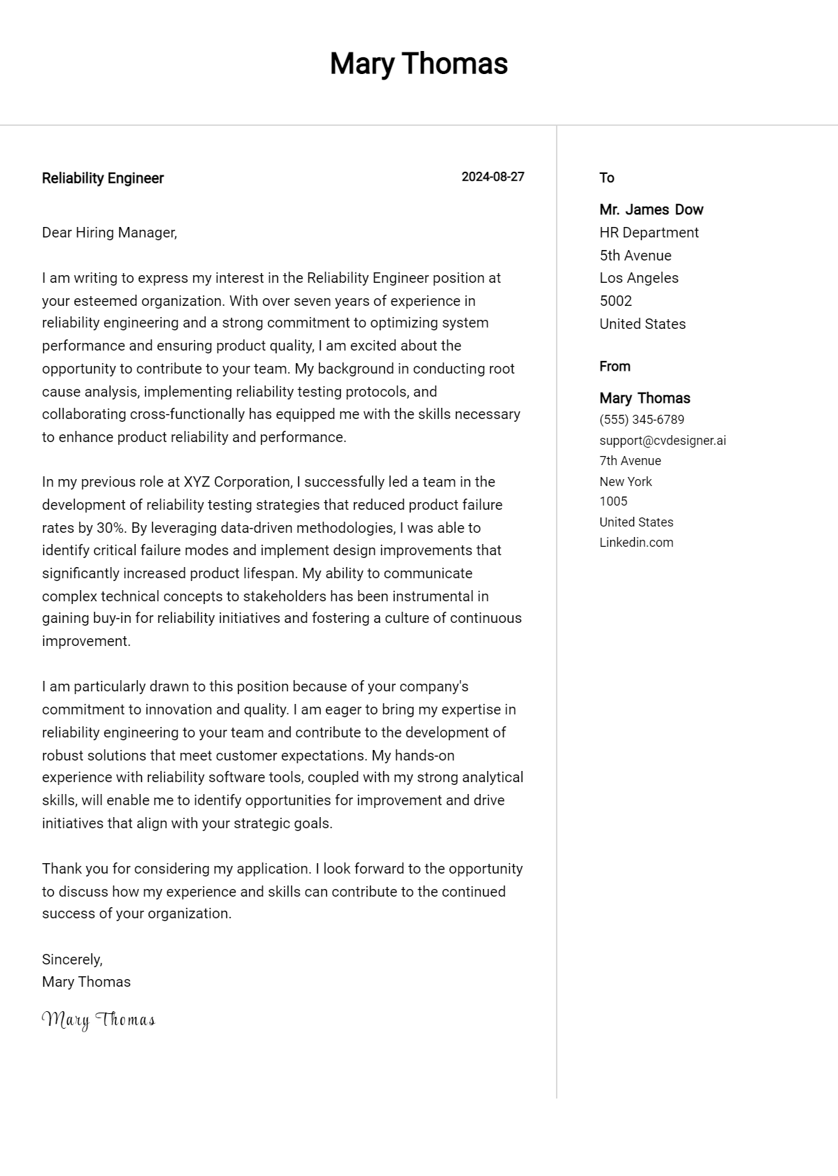 reliability engineer cover letter example