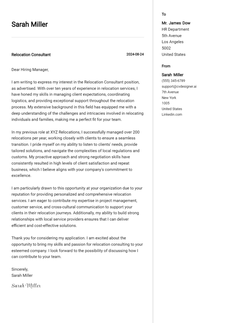 Relocation Consultant Cover Letter Examples with Writing Tips for 2025
