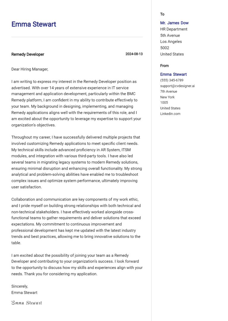 Remedy Developer Cover Letter Examples with Writing Tips for 2025