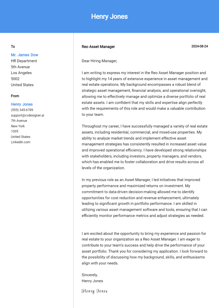 Reo Asset Manager Cover Letter Example for 2025: Top CV Skills