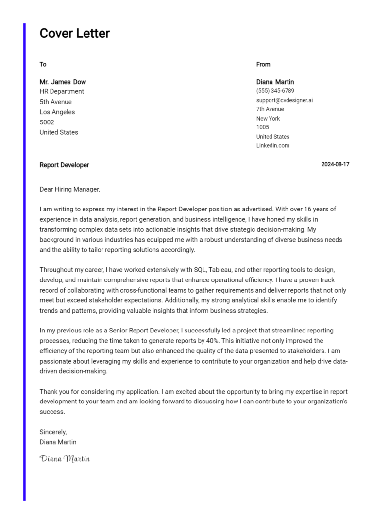 Report Developer Cover Letter Samples & Examples 2025