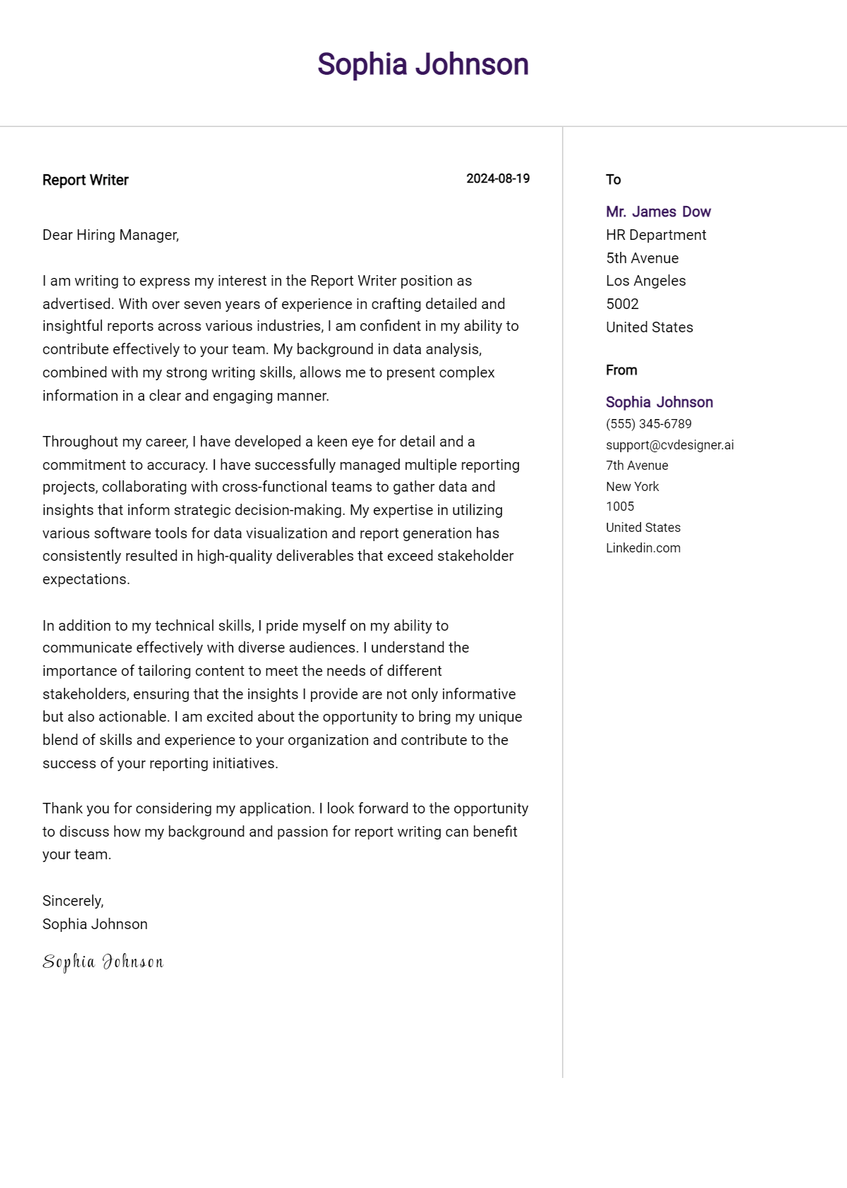 report writer cover letter example