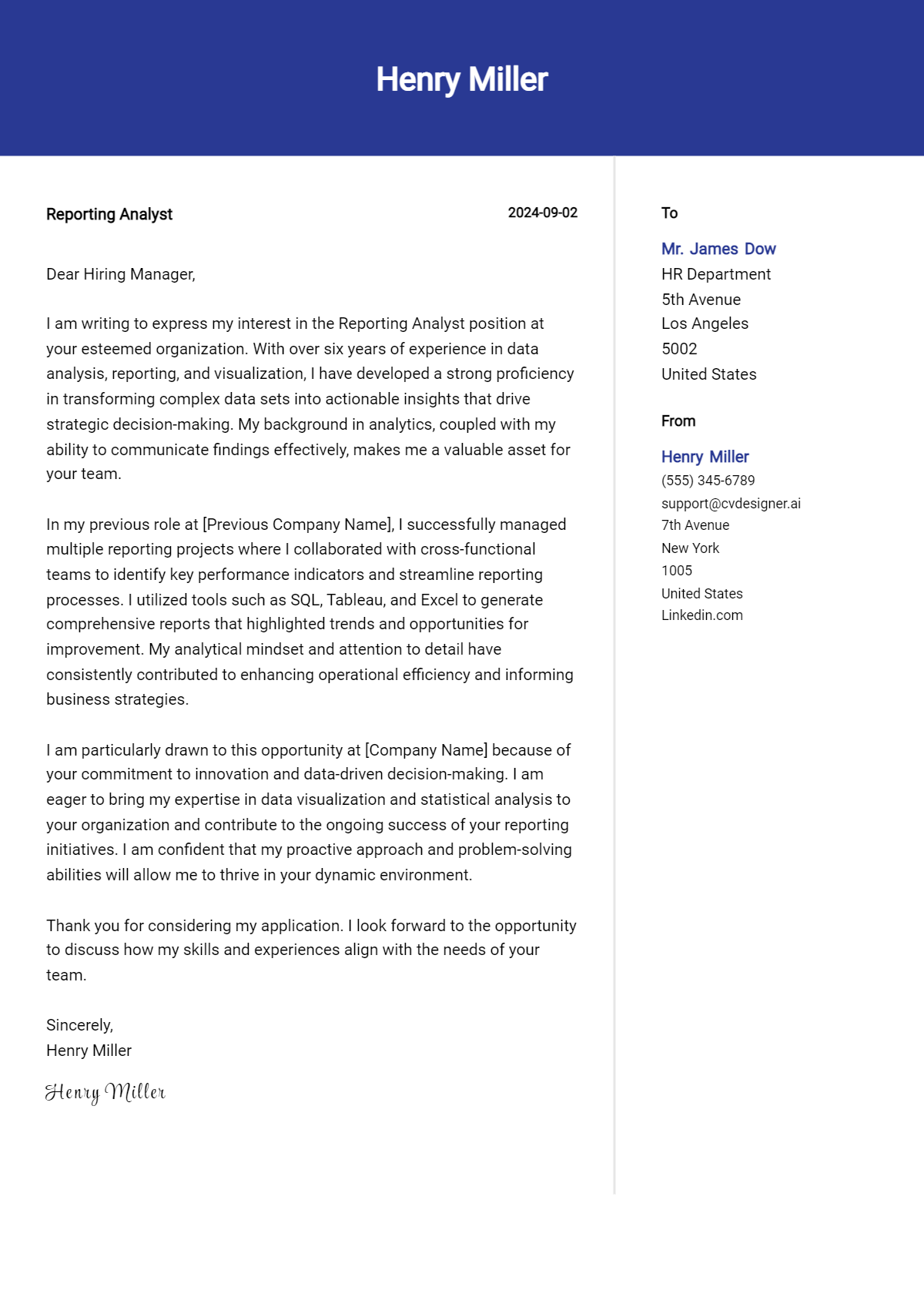 reporting analyst cover letter example