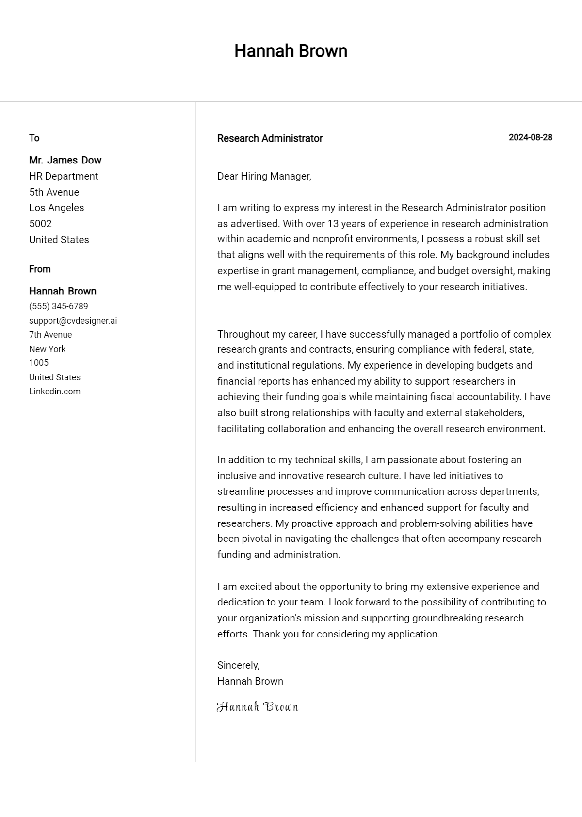 research administrator cover letter example