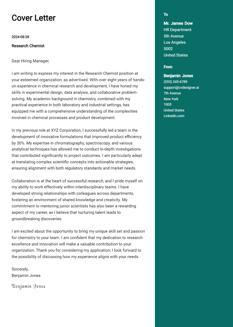 Research Chemist Cover Letter Example for 2025: Proven Tips
