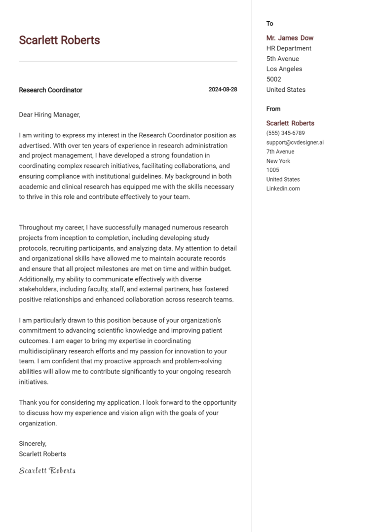 22 Research Coordinator Cover Letter Examples for 2025 (Download Templates)
