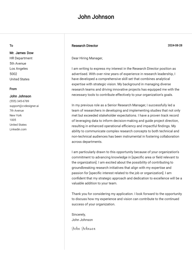 Research Director Cover Letter Example for 2025: Tips & Templates