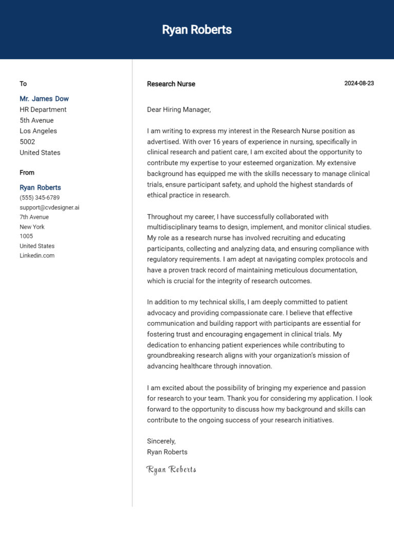 29 Research Nurse Cover Letter Samples & Examples 2025