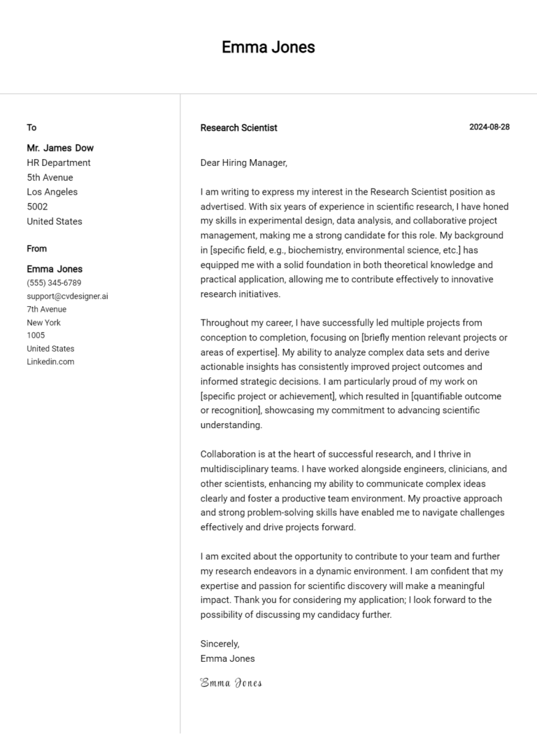 16 Research Scientist Cover Letter Samples & Examples 2025