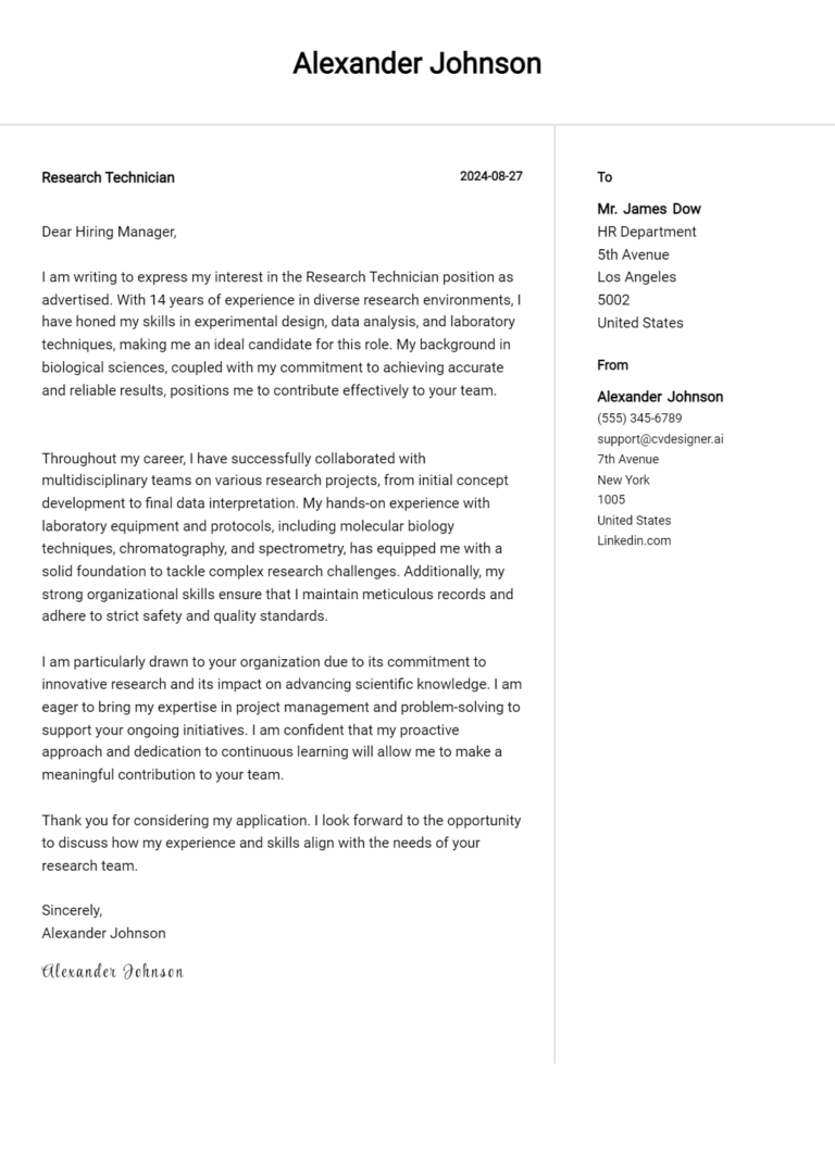 9 Research Technician Cover Letter Example for 2025: Free Templates
