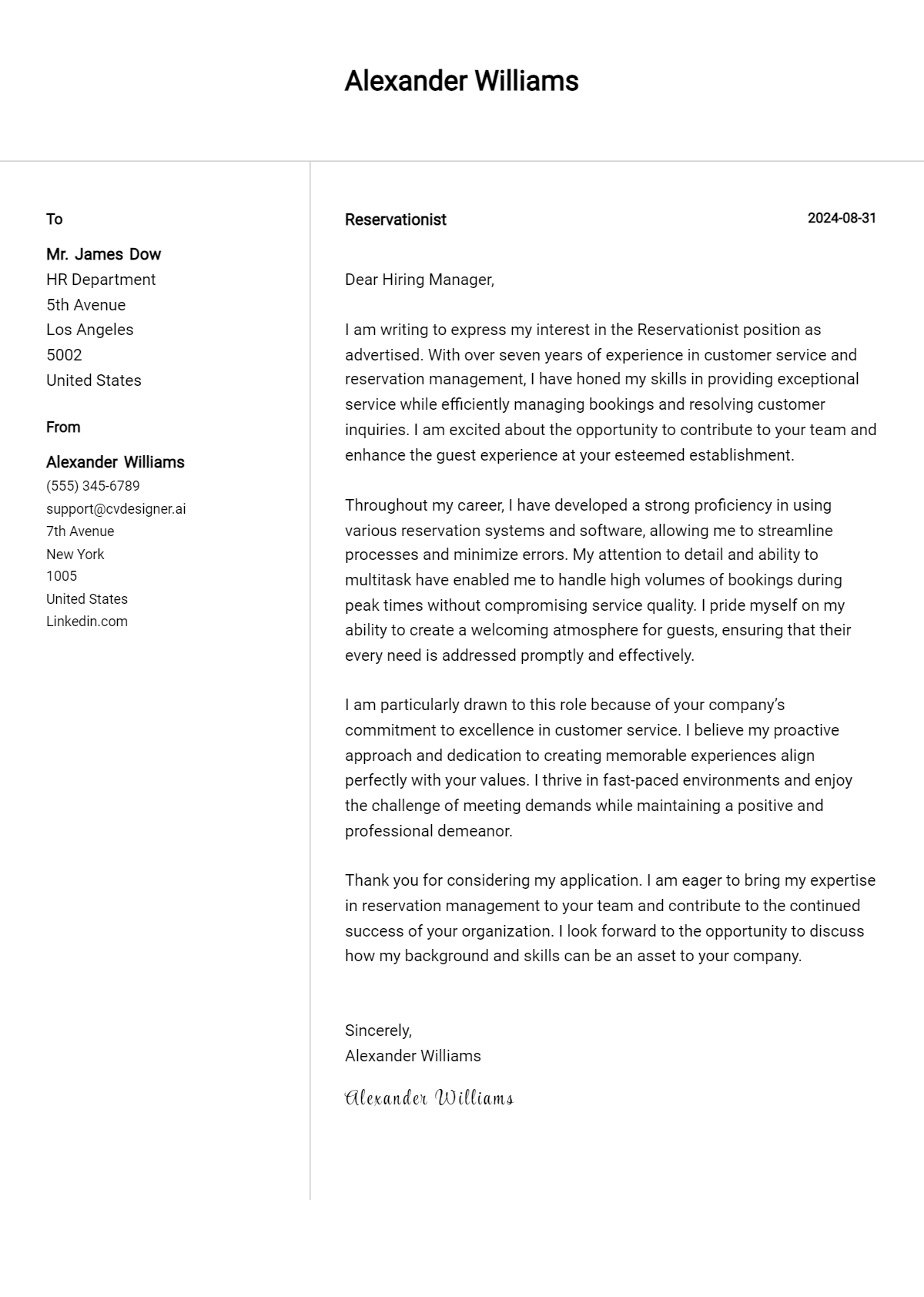 reservationist cover letter example