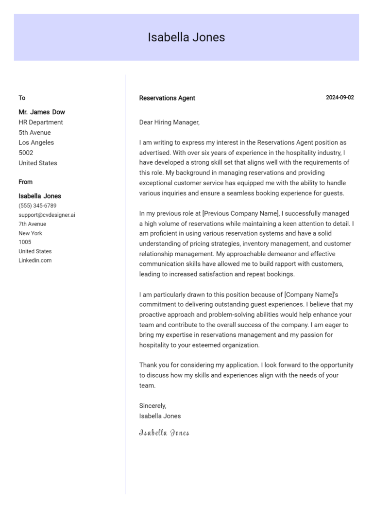 Reservations Agent Cover Letter Example for 2025: Expert Tips & Templates