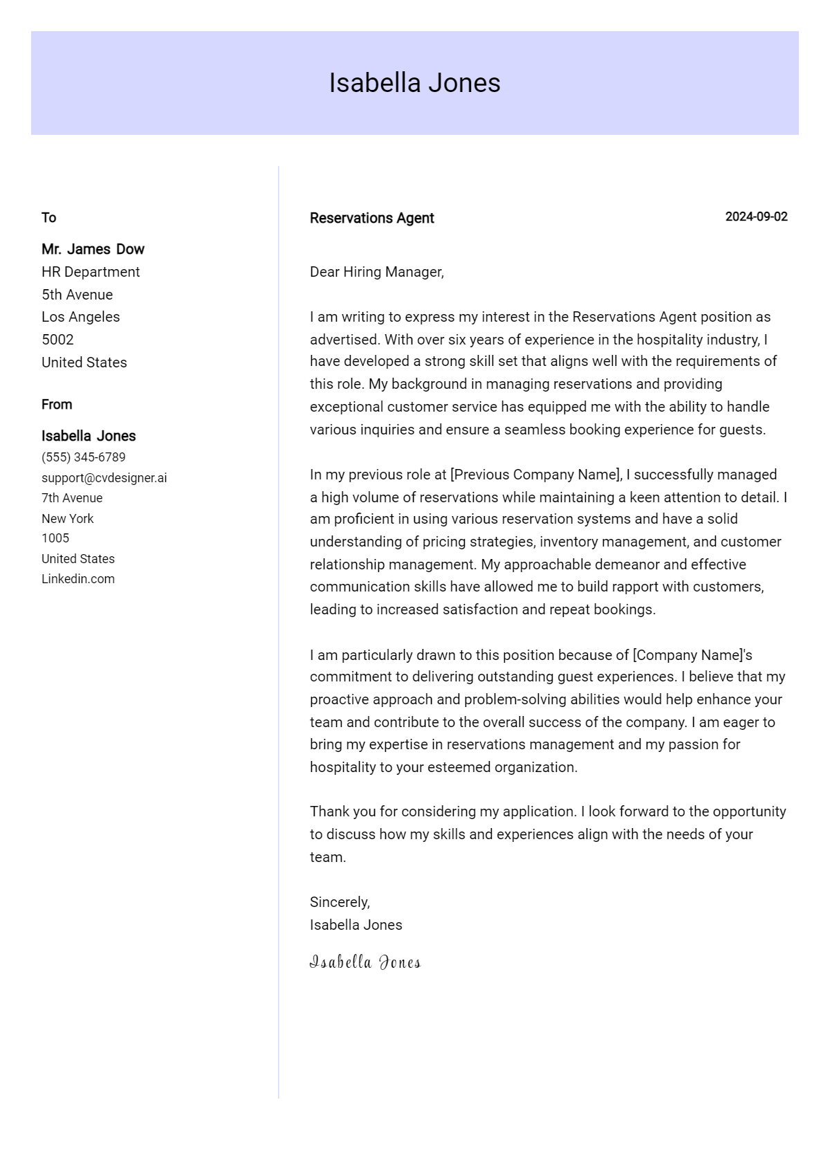 reservations agent cover letter example