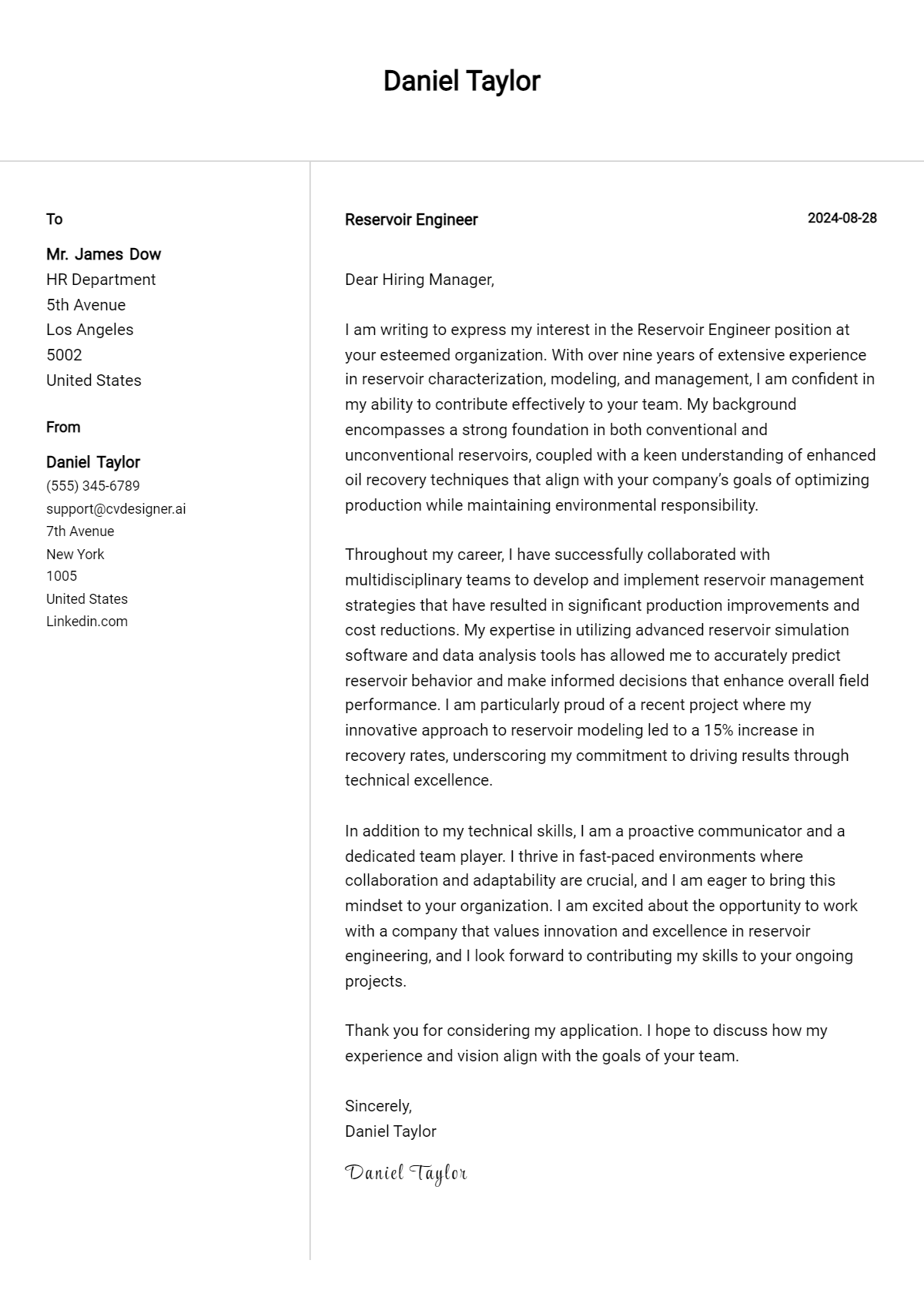 reservoir engineer cover letter example