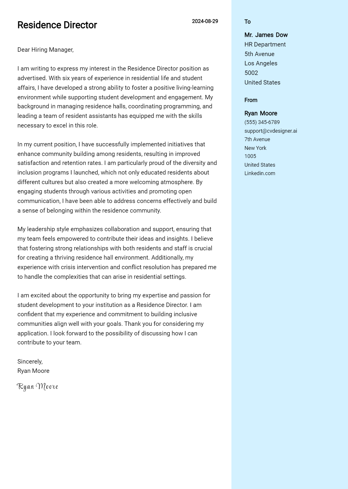 residence director cover letter example