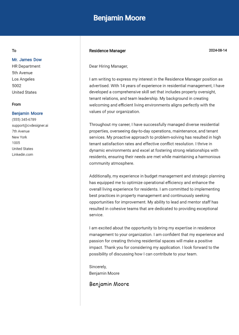 Residence Manager Cover Letter Examples with Writing Tips for 2025