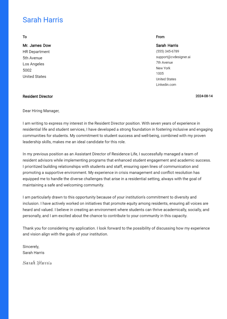 Resident Director Cover Letter Example for 2025: Proven Tips 1 Resident Director Cover Letter Example for 2025: Proven Tips