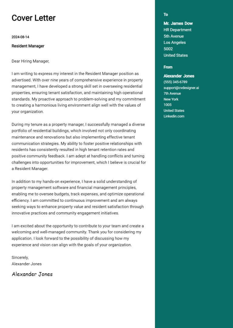Resident Manager Cover Letter Samples & Examples 2025