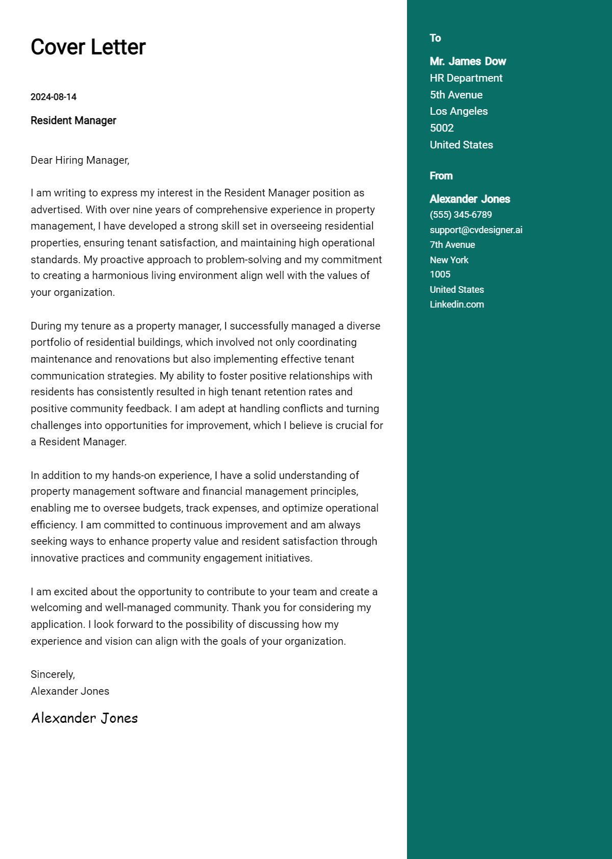 resident manager cover letter example