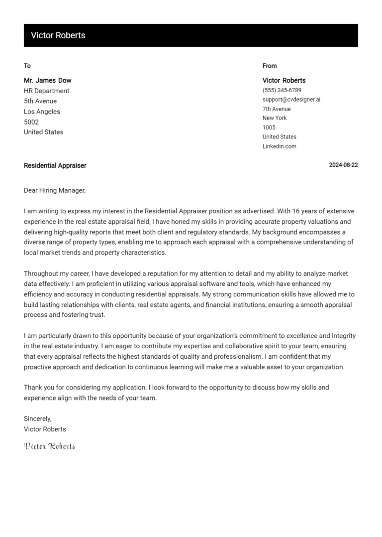 Residential Appraiser Cover Letter Example for 2025: Top CV Skills
