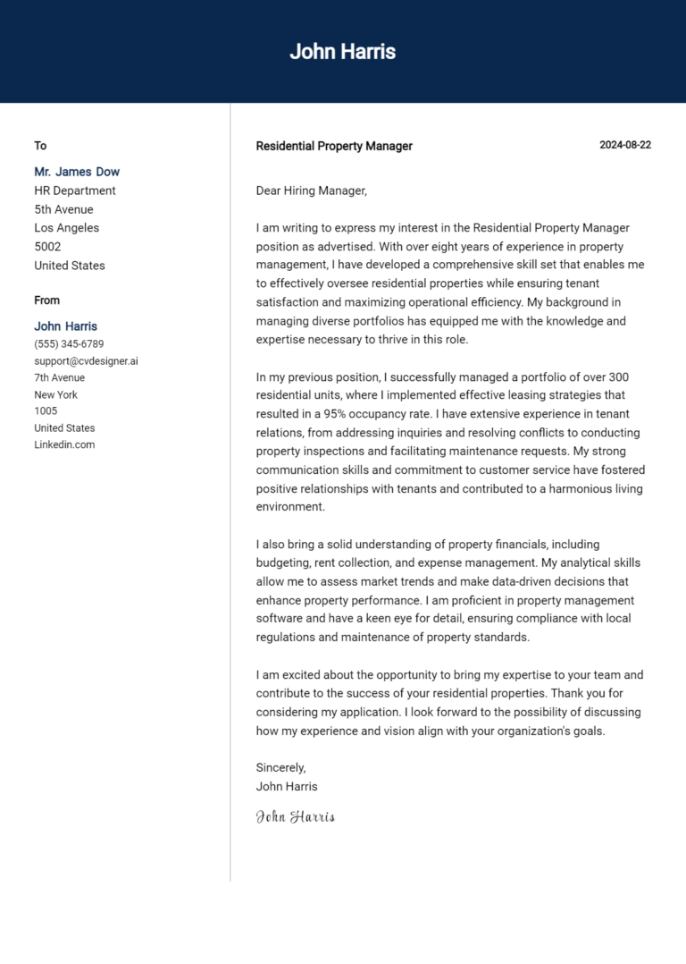 Residential Property Manager Cover Letter Samples & Examples 2025