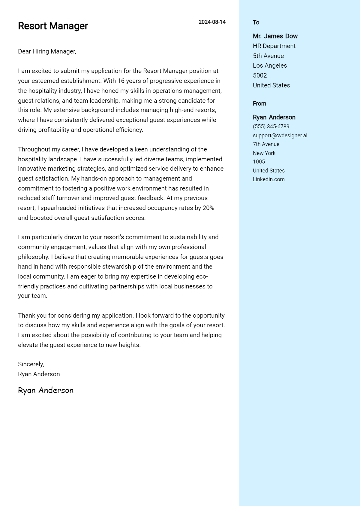 resort manager cover letter example