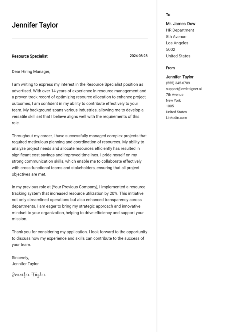 Resource Specialist Cover Letter Example for 2025 (Free Templates)