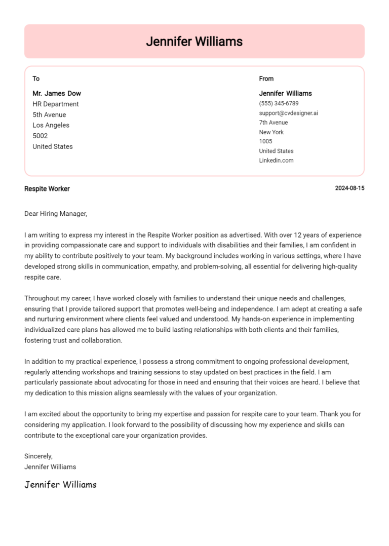 Respite Worker Cover Letter Example for 2025: Ultimate Guide