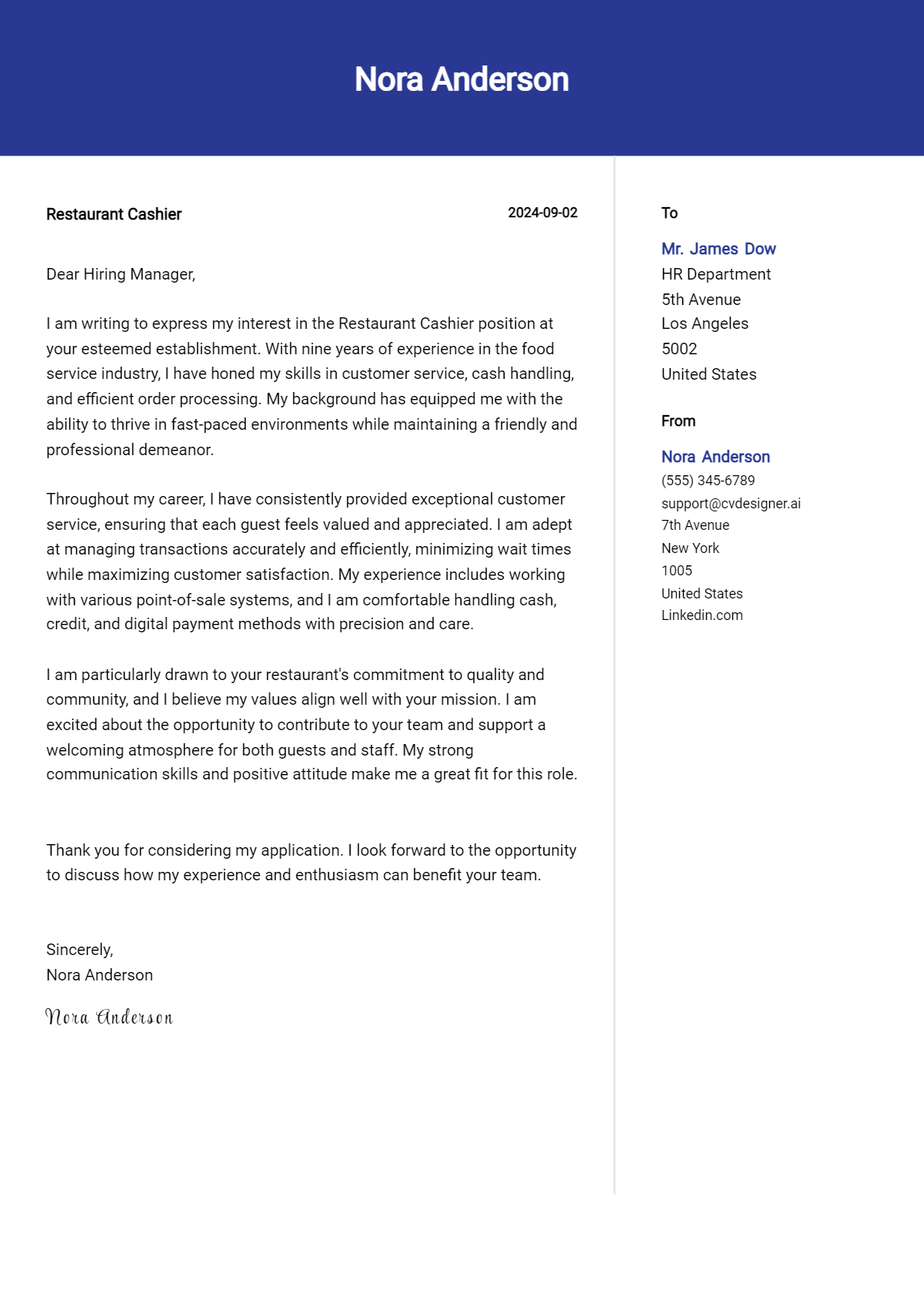 restaurant cashier cover letter example