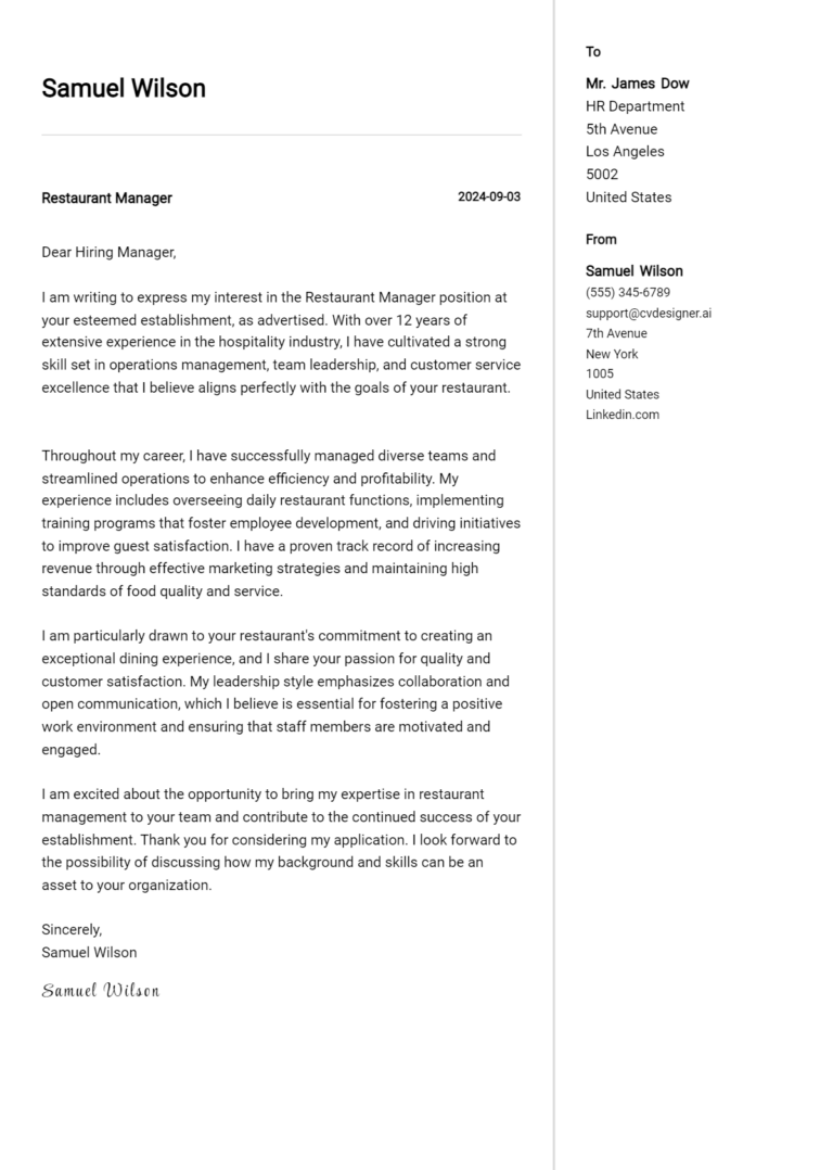 Restaurant Manager Cover Letter Example for 2025: Expert Tips & Templates