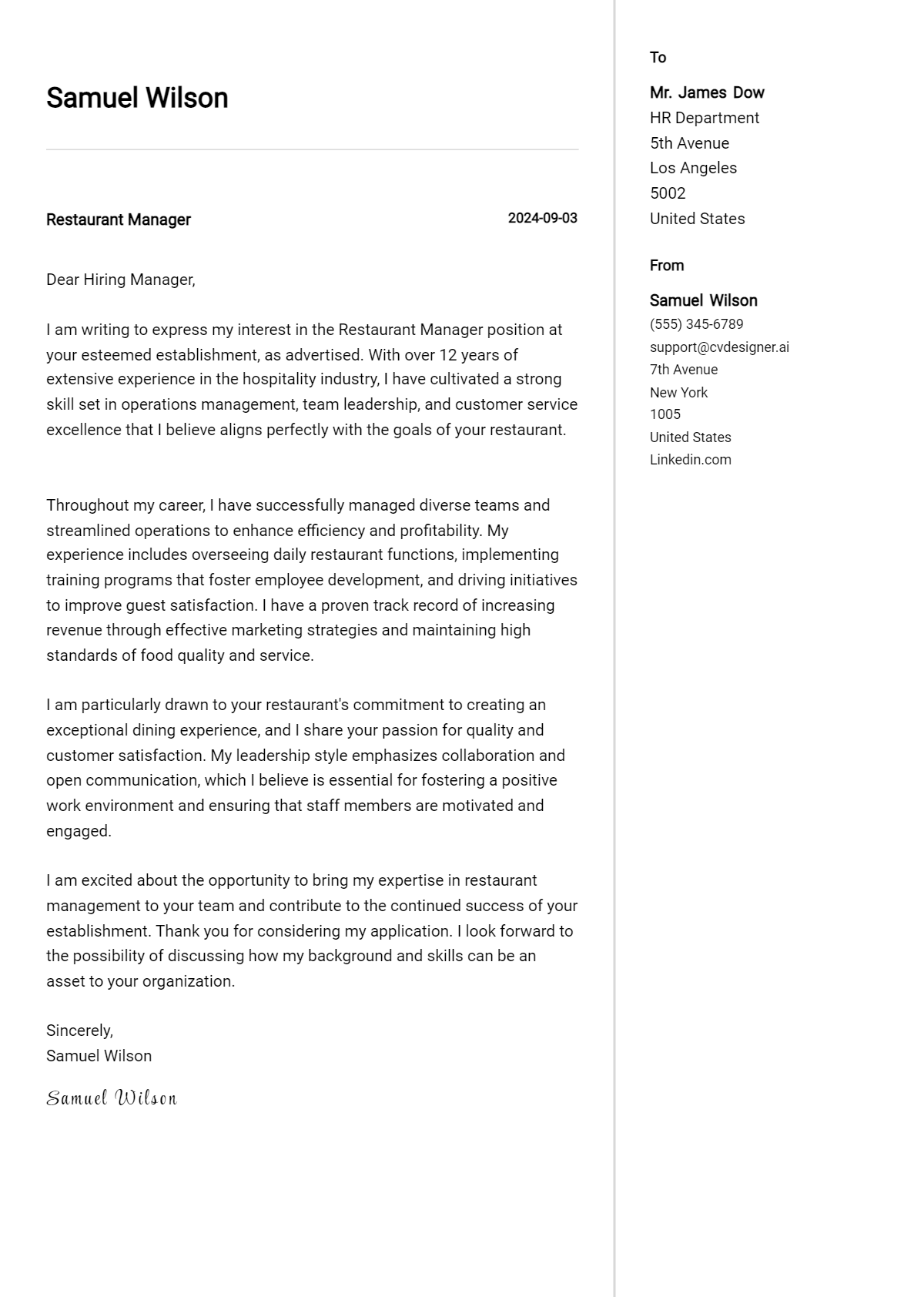 restaurant manager cover letter example