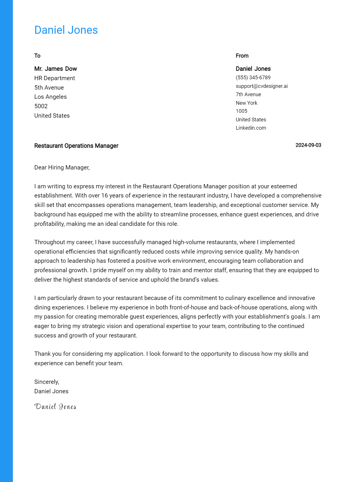 restaurant operations manager cover letter example