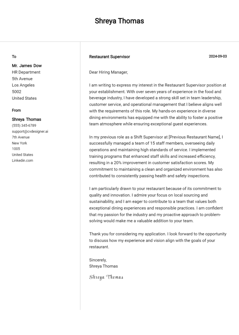 Restaurant Supervisor Cover Letter Example for 2025: Free Templates 1 Restaurant Supervisor Cover Letter Example for 2025: Free Templates