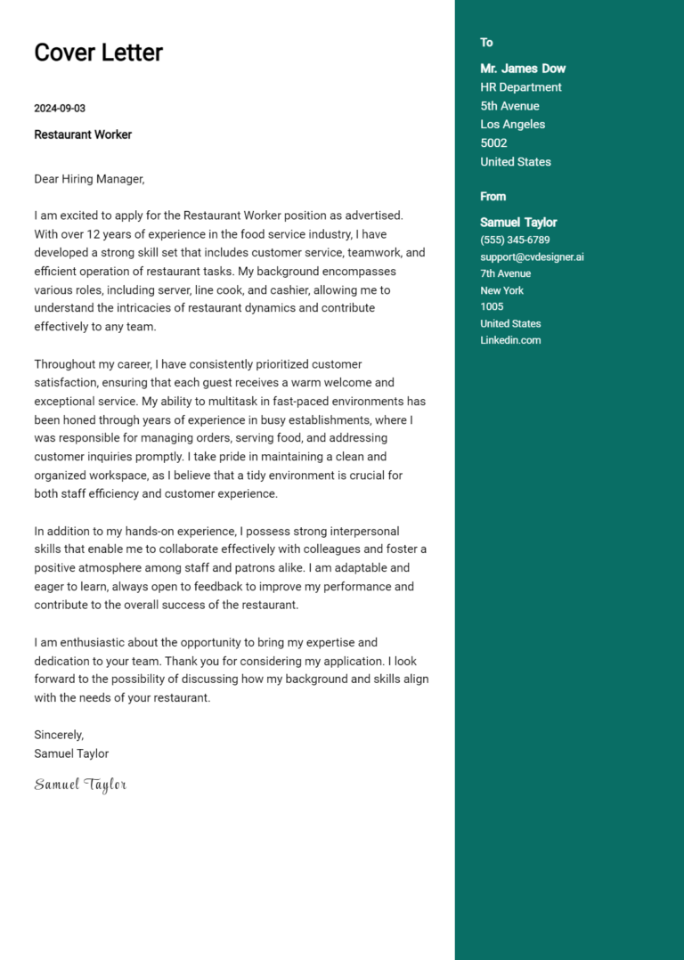 19 Restaurant Worker Cover Letter Examples for 2025: Ultimate Guide