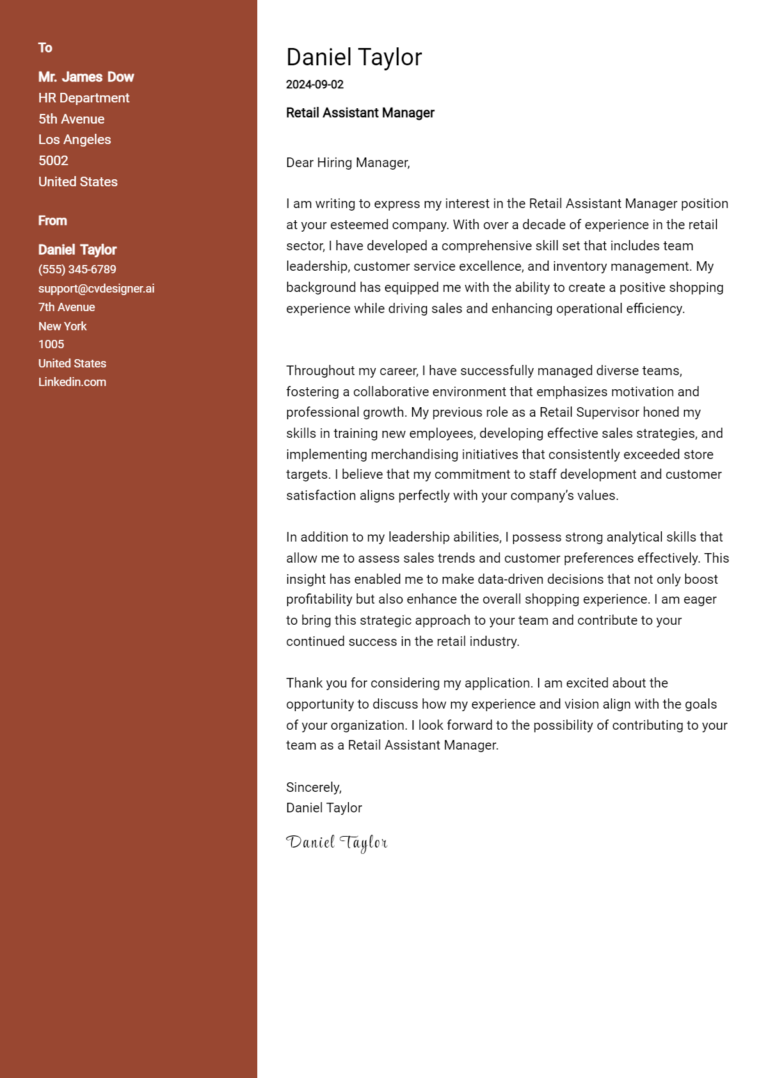 17 Retail Assistant Manager Cover Letter Examples for 2025 (Downloadable)