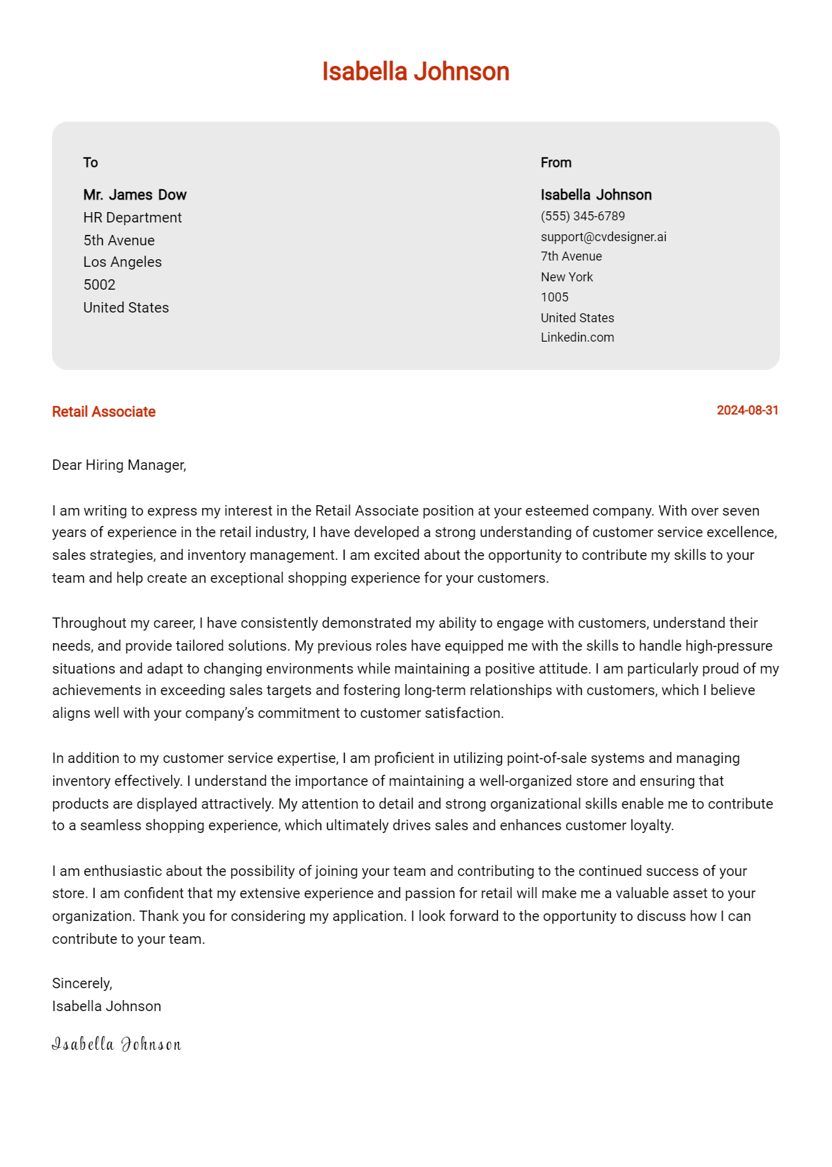 retail associate cover letter example